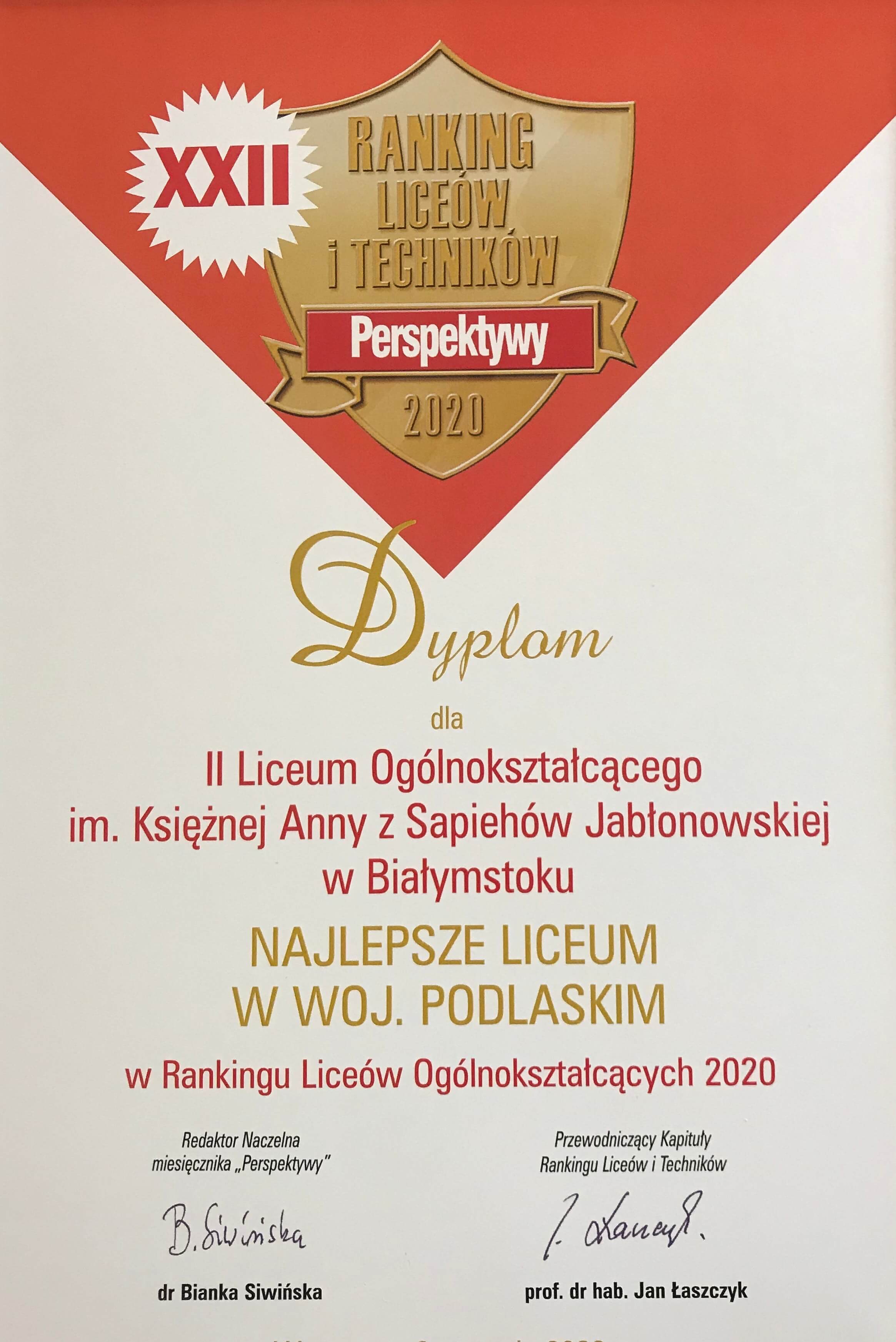 Dyplom Rankingu Perspektywy 2020 Dyplom Rankingu Perspektywy